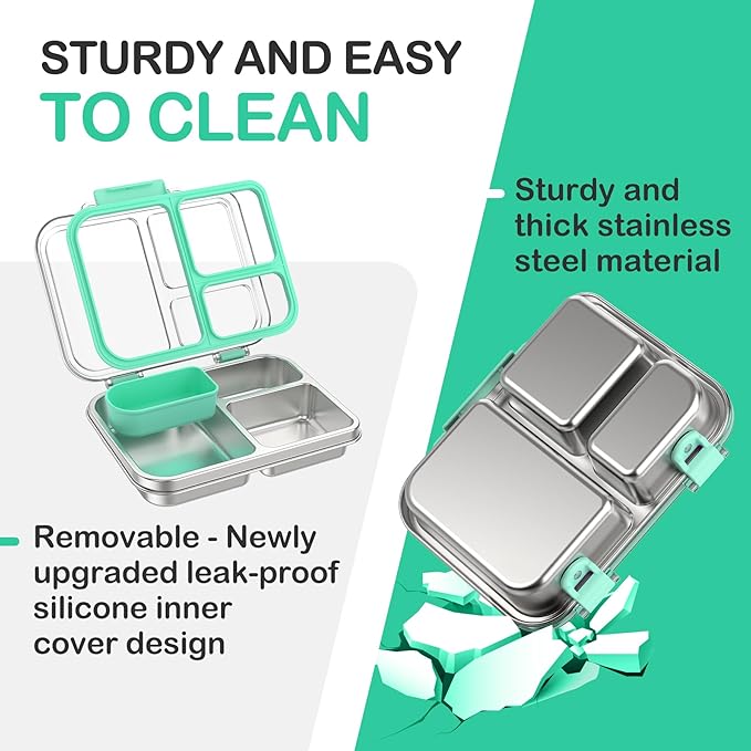 BABHAMNESS Stainless Steel Bento Lunch Box for Kids Adults, 3 Compartments Metal Bento Box with Transparent Lid & Silicone Container for Kids,Dishwasher-Safe,School & Travel,BPA-Free(Blue)