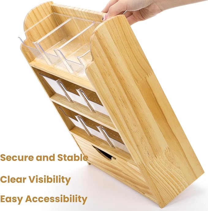 Tlence 4 Tier Wood Tea Bag Organizer, 15"x12.3"x4.5" Vertical Tea Storage Holder, Teabag Station Stand with 9 Plastic Box, Tea Packet Rack with Slide Drawer, Teabag Cabinet Shelf for Sugar and Creamer