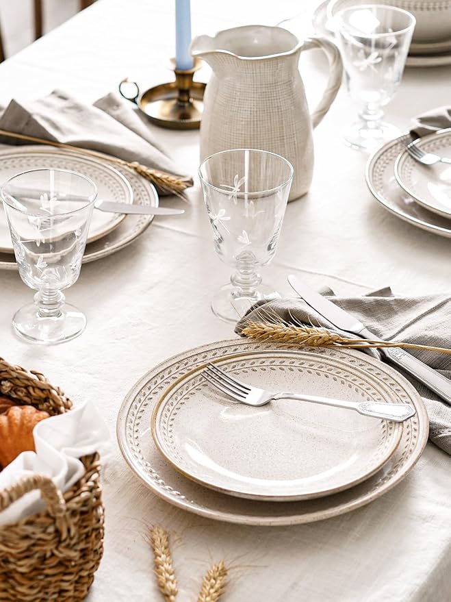 LE TAUCI 24 Piece Dinnerware Sets for 8, Large Plates and Bowls Sets, Ceramic Dishes Set for 8, Modern Stoneware Tableware, Chip Resistant, Ideal for Hosting, Reactive Beige (8"&10" Plate, 27oz Bowl)