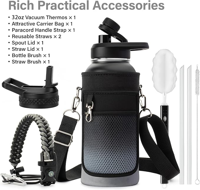 DYSANKY Insulated Water Bottle | Thickened Stainless Steel Vacuum Metal | Portable Sports Water Jug for Gym and Hiking with Straw, Carrier Bag, Handle Strap | BPA-Free 32 oz