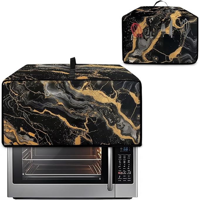 Air Fryer Toaster Oven Dust Cover Dustproof Modern Design Convection Oven Cover with Side Pockets for Small Kitchen Appliances, M, 16.5 x 20.5 x 10 inches, Black Gold Marble