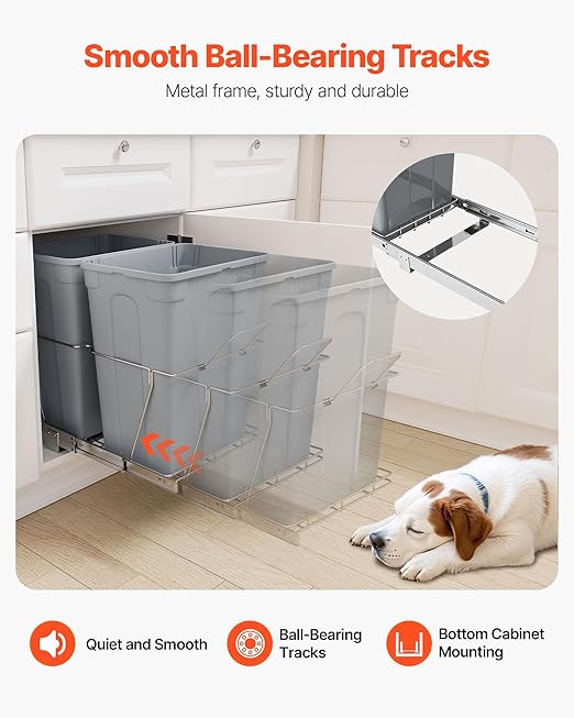 VEVOR Pullout Trash Can for Kitchen Cabinets, 35 QT x2 Double Under Sink Garbage Waste Recycling Bin, Under Mount Waste Container, with Heavy Duty Metal Full Extension Sliding System and Handle Grey