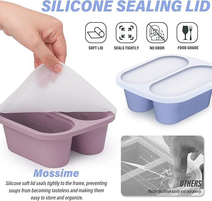 Mossime Silicone Soup Freezer Molds: 1 Cup Silicone Freezer Trays with Lid - 4 Packs Easy Release Soup Freezer Containers - 250ml 125ml Portion Large Cubes for Ice Soup (4, Blue/Purple)