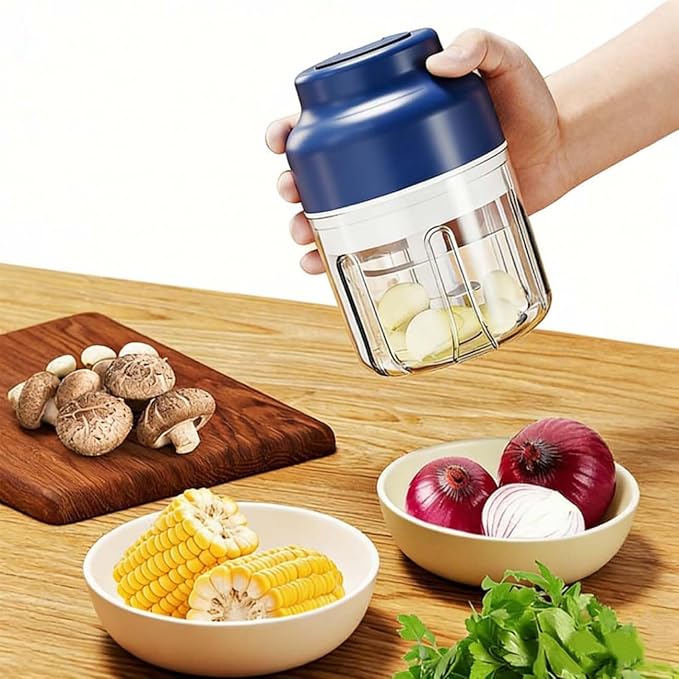 Household Electric Garlic Crusher, Electric Garlic Chopper, Mini Portable Veggie Chopper with 4/6 Stainless Steel Blades, Wireless Rechargeable Food Cutter for Garlic, Onion, Chili (2PCS-B,250ML)