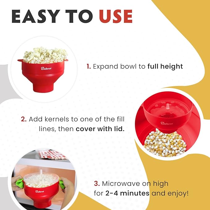 The Original Salbree Collapsible Silicone Microwave Popcorn Popper Maker Machine, Microwavable Bowl Holds 16 Cups, Uses Hot Air and Oil Always Optional - The Most Colors Available (White)