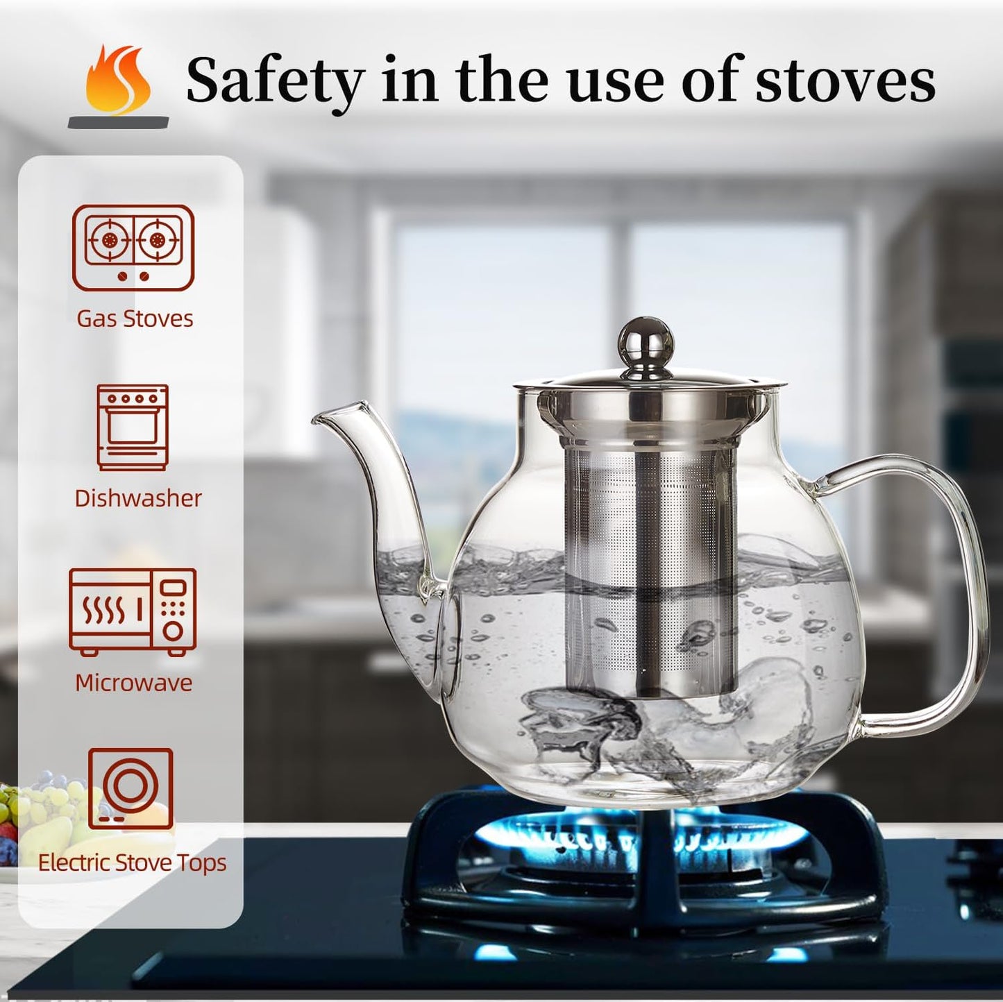 Glass Teapot with Removable Infuser - 37oz/1100ml Borosilicate Glass, Stovetop & Microwave Safe for Blooming & Loose Leaf Tea, Handmade Tea Maker Gift