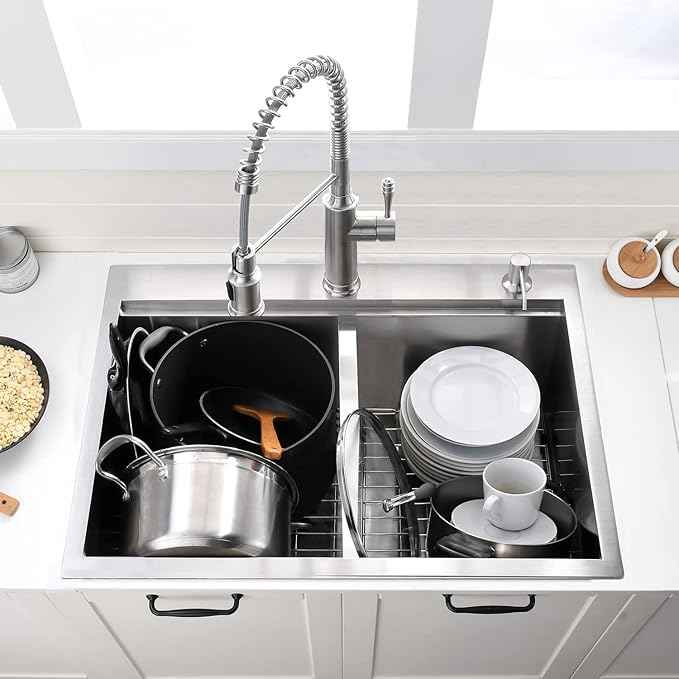 33 Inch Double Bowl Drop In Kitchen Sink Workstation - VOKIM 33 x 22 Inch Stainless Steel sink 16 Gauge Stainless Steel Drop In Kitchen Sink 10 Inch Deep 50/50 Double Bowl Sink