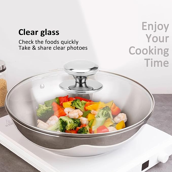 14 Inch Glass Lid For Pots, Pans and Skillets, Clear Glass Lid Replacement with Steam Vent, Stainless Steel Covers, Fit large Frying Pan, Stock Pot and Cast Iron Skillets With Inner dia 14.1-14.4 Inch