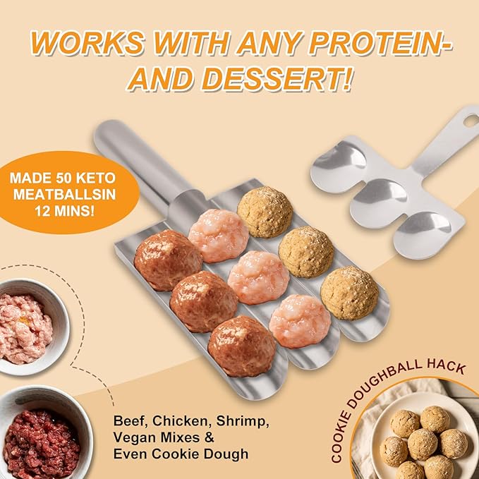 Stainless Steel Meatball Maker Set, 6PCS Meatball Scoop Mold with Scrapers, Single Double Triple Portion Meatball Shaper Tool for Meatballs Rice Balls Cookie Dough Kitchen Cooking Tool