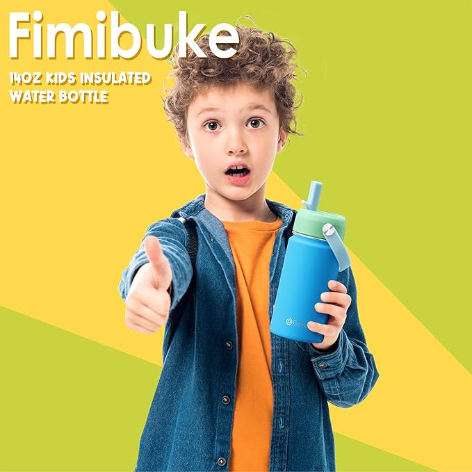 Fimibuke Kids Insulated Water Bottle, 14oz BPA FREE 18/8 Stainless Steel Travel Tumbler Double Wall Vacuum Leak Proof Kids Cup with Straw Metal Water Bottle for School Boys Girls(1 Pack, Black)
