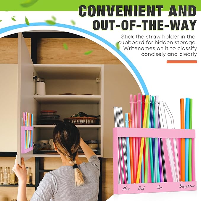 Qinyoung Acrylic Straw Holder for Cabinet Door with Double Sided Adhesive Tape Reusable Straw Organizer Tumbler Storage Kitchen Accessories Container for Counter Cupboard(Classic,Large,Pink)