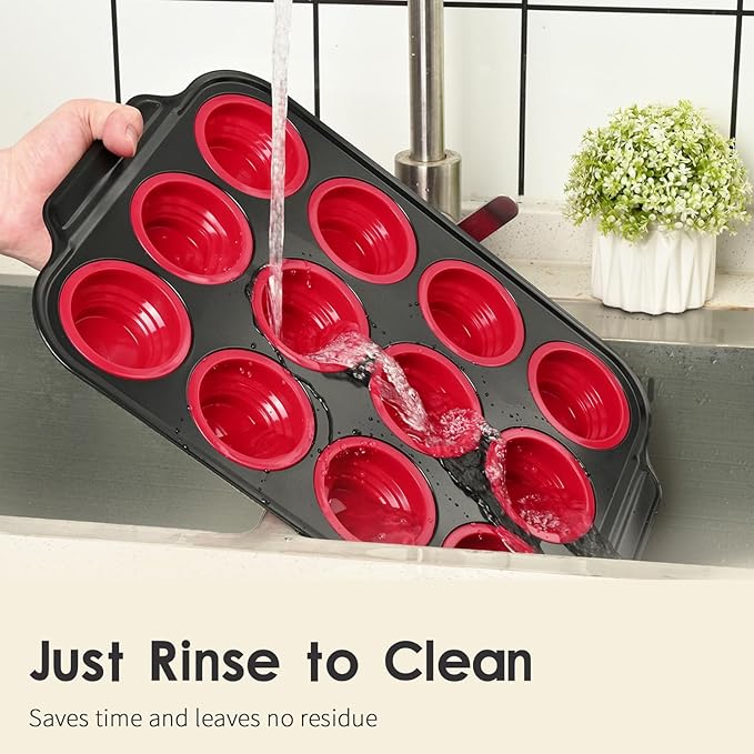 Silicone Muffin Pan, 2024 New Metal Frame Muffin Tin Egg Bites Cupcake Pan, Silicone Mini Muffin Pans for Baking Nonstick 12, Oven and Dishwasher Safe Silicone Molds, Red