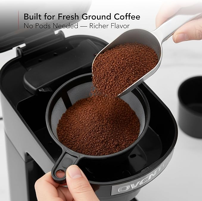OVENTE Double Drip Coffee Maker with 2 Ceramic Mugs and Auto Shut Off, Small Dual Drip Coffee Maker Machine Works with Ground Coffee Only, Compact Kitchen or Office Essential, Black CMDD2MB