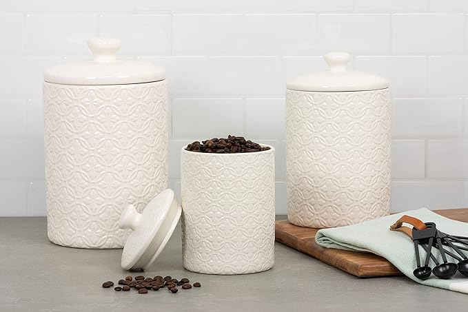 10 Strawberry Street Embossed Ceramic Kitchen Canister Set, Set of 3, Hampton White