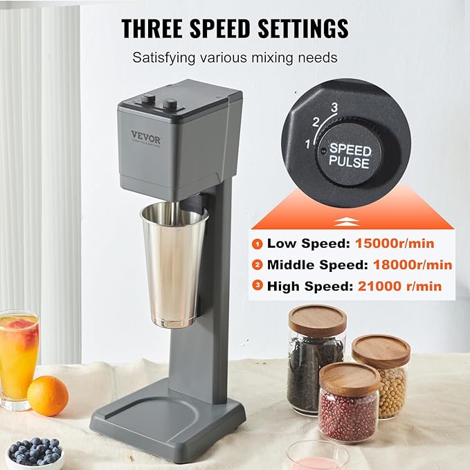 VEVOR Milkshake Maker Machine, 375W Commercial Milk Shake Maker Mixer, Single Head Drink Mixer Blender Machine, 3-Speed Milkshake Blender with 27.7oz Stainless Steel Cup for Commercial