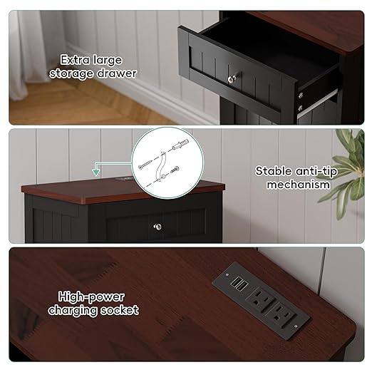Betterhood Double Tilt Out Trash Cabinet with Power Outlet, 10 Gallon Trash Cabinet with Storage,Pet Proof Trash Can with 2 AC & USB Sockets for Kitchen,Living Room (Black, Single Door)