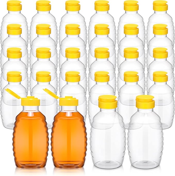 24 Pcs Clear Plastic Honey Bottles Plastic Skep Style Jar Honey Squeeze Bottle Empty Refillable Honey Dispenser with Flip Top Lids Leak Proof Honey Containers Holders for Storing and Dispensing (16oz)