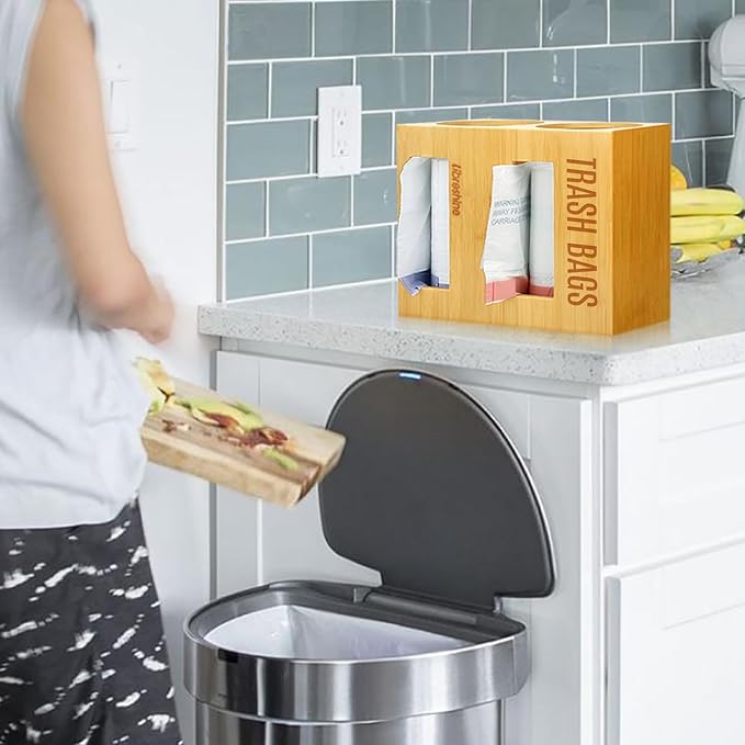 Dual Roll Bamboo Trash Bag Dispenser & Grocery Bag Holder, 2-Compartment Organizer for 13–33 Gallon Rolls (Fits Up to 5.2”Dia), Wall Mount or Under Sink, Stackable Storage
