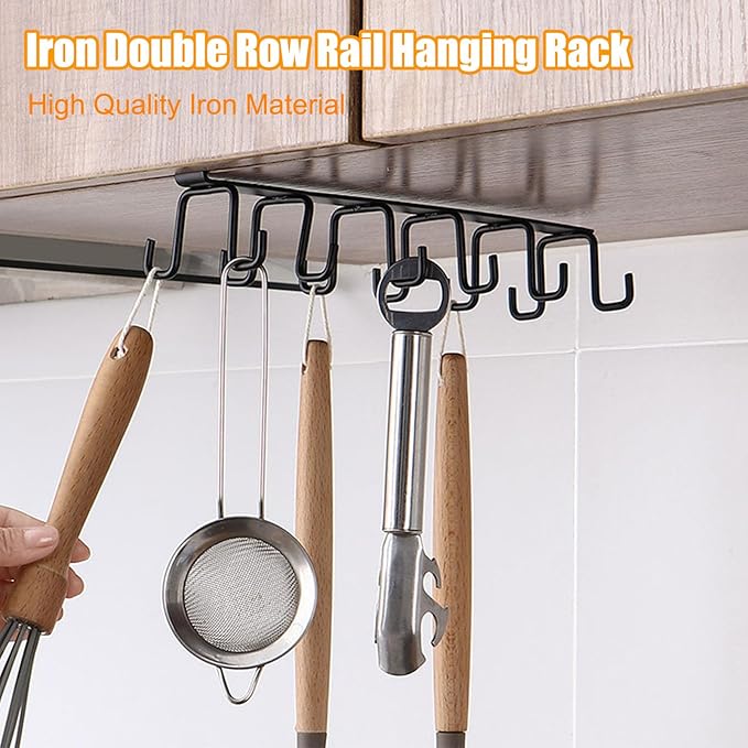Under Cabinet Kitchen Utensil Hooks, Iron Double Row Rail Mug Holder Under Shelf Clip On Cabinet Hook Spoon Shovel Shelving for Restaurant Cup Hanging(Black)