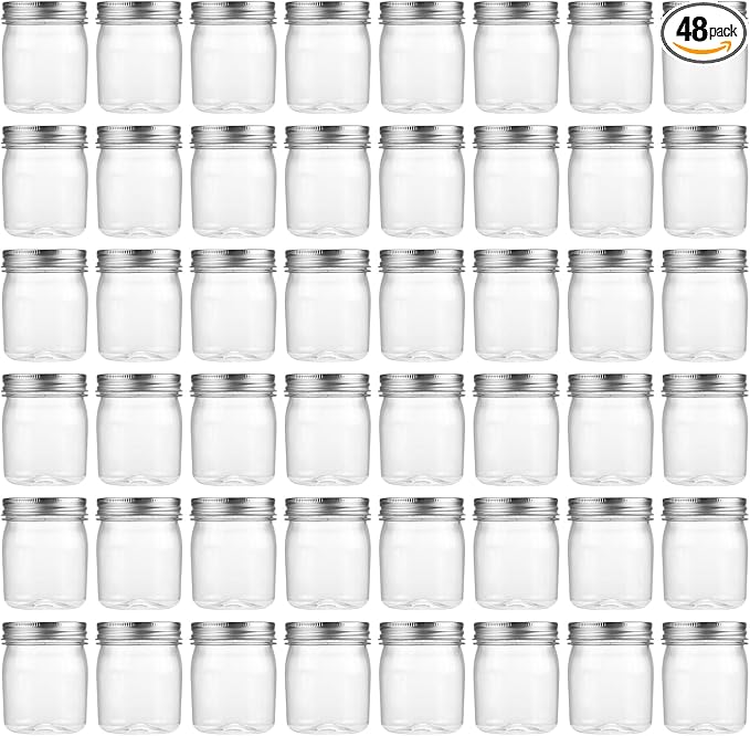 novelinks 8 oz Clear Plastic Jars with Airtight Lids, 48 Pack Plastic Mason Jars with Lids 8oz, Refillable Storage Slime Containers & Small Spice Jar for Kitchen Organization (48 Pack,Silver)