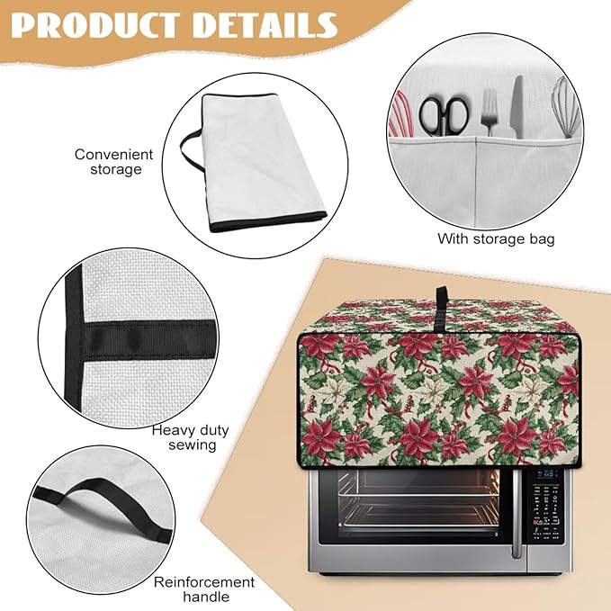 Air Fryer Toaster Oven Dust Cover Dustproof Convection Oven Cover with Side Pockets for Small Kitchen Appliances, S, 14.5 x 18.5 x 9 Inches, Poinsettia Flower Christmas Decor