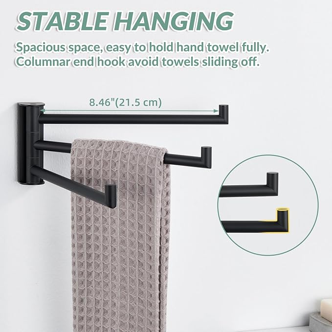 APLusee Swivel Towel Rack for Bathroom Wall Mounted, SUS 304 Stainless Steel Swivel Door Towel Bar with Multi 3 Rotating Arms, Matte Black
