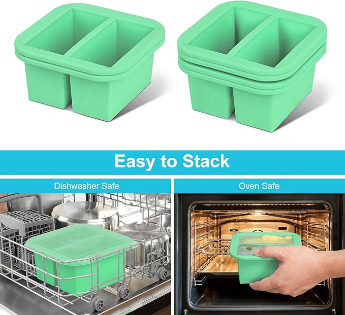 Silicone Freezer Tray with Lid 4 Pack Silicone Freezer Molds Ice Cube Tray Makes 8 Perfect 1 Cup Portions Soup Cubes Meal Prep Containers- Oven & Dishwasher Safe