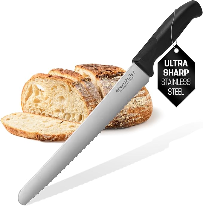 Bread Slicer for Homemade Bread with 10-Inch Serrated Bread Knife – Adjustable Width Bamboo Bread Cutter for Loaves, Bagels, Cakes – Cutting Guide with Crumb Tray