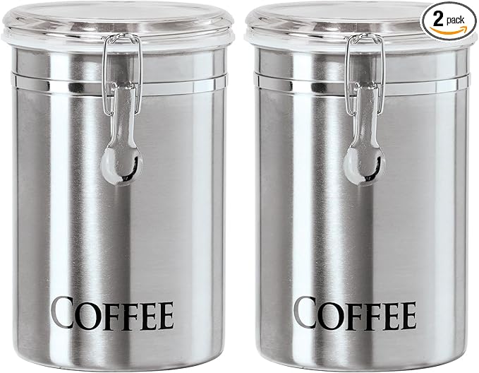 Oggi Stainless Steel Coffee Canister 62 fl oz - Airtight Clamp Lid, Clear See-Thru Top - Ideal for Coffee Bean Storage, Ground Coffee Storage, Kitchen Storage, Pantry Storage. Large Size 5" x 7.5".