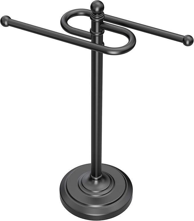 Gatco 1546MX Modern Round Base Freestanding Countertop S Style Towel Holder, Matte Black / 14.25" H x 8" W S-Shape Countertop Towel Rack/Hand Towel Holder for Bathroom, Kitchen