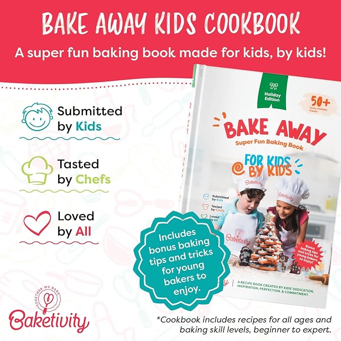 Baketivity 31 Pcs Kids Baking Set and Bake Away Kids Baking Cookbook Bundle | Kids Safe Nylon Knife and Real Baking Utensils Set | Best Little Baker Baking Book with Pictures and Cooking Tools Gift