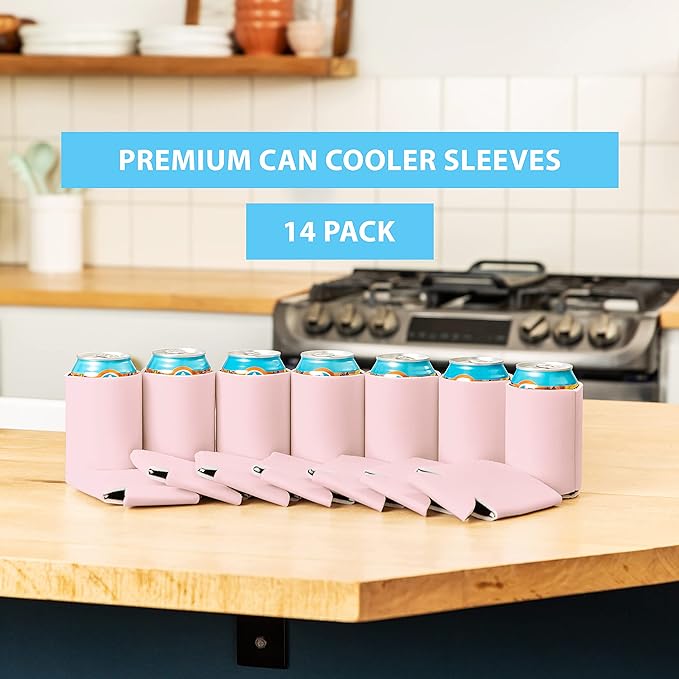 Blank Beer Can Coolers Sleeves (14-Pack) Soft Insulated Beer Can Cooler Sleeves - HTV Friendly Plain Can Sleeves for Soda Beer Cans & Bottles - Blanks for Vinyl Projects Wedding Favors & Gifts (Blush)