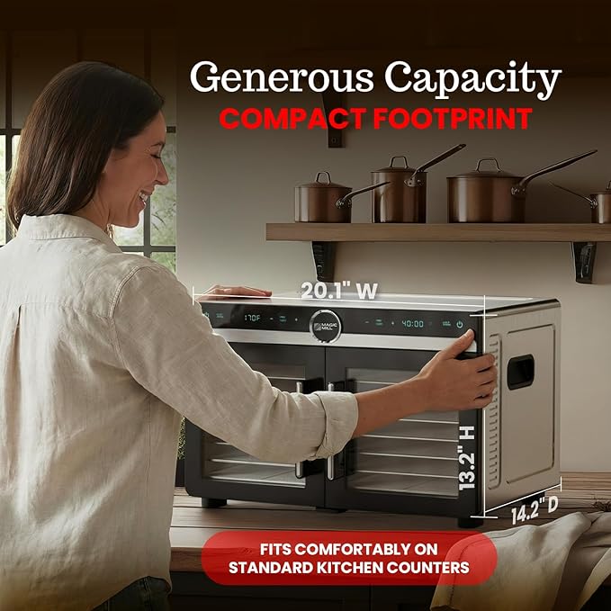 Magic Mill Premium DualZone Food Dehydrator, 16 Stainless Steel Trays with French Doors, Independent Temp Control, Rear Fan, Keep Warm Mode, for Jerky, Fruit, Veggies, Dog Treats, Meal Prep