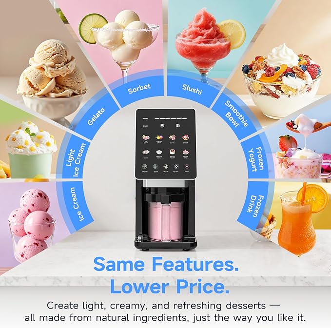 Ice Cream Maker & 10-in-1 Frozen Treat Maker, 20 oz (3 Pints), Mix-In + Re-Spin for Creamy Texture, Gelato, Sorbet, Slushie, Frozen Yogurt & Smoothie Bowls Machine for Homemade, Recipe Guide