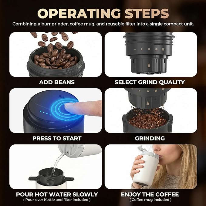 HAUSHOF Portable Coffee Maker, Travel Coffee Maker Battery Operated Small Pour Over Set, Compact Coffee Maker with Electric Grinder & Insulated Mug for Travel, Camping, Car