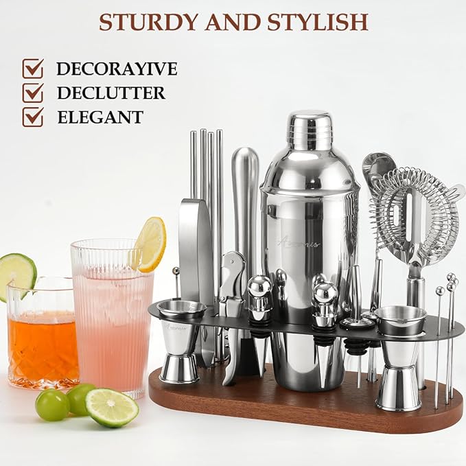 23-Piece Bartender Kit, Cocktail Shaker Set with Stand | Bar Set Drink Mixer Set with All Essential Bar Tools: Martini Shaker,Bar Mixer Spoon, Jigger, Strainer, Muddler, Pourers, for Home, Bar, Party