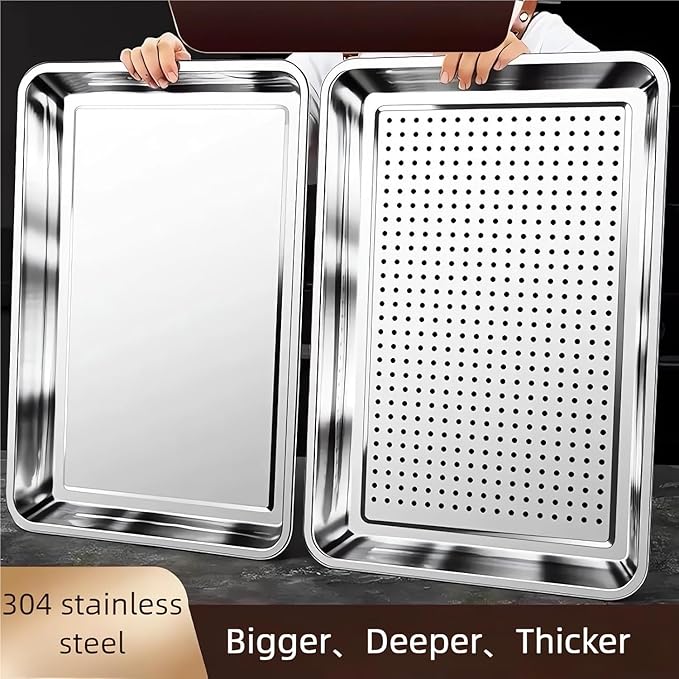 2-Pack Large 304 Stainless Steel Baking Pan Set (19.5"x13.5") - Non-Toxic Heavy Duty Commercial Grade Deep Sheet Pan, 1 Solid & 1 Perforated Pans for Roasting, Defrosting, Draining, Cooling