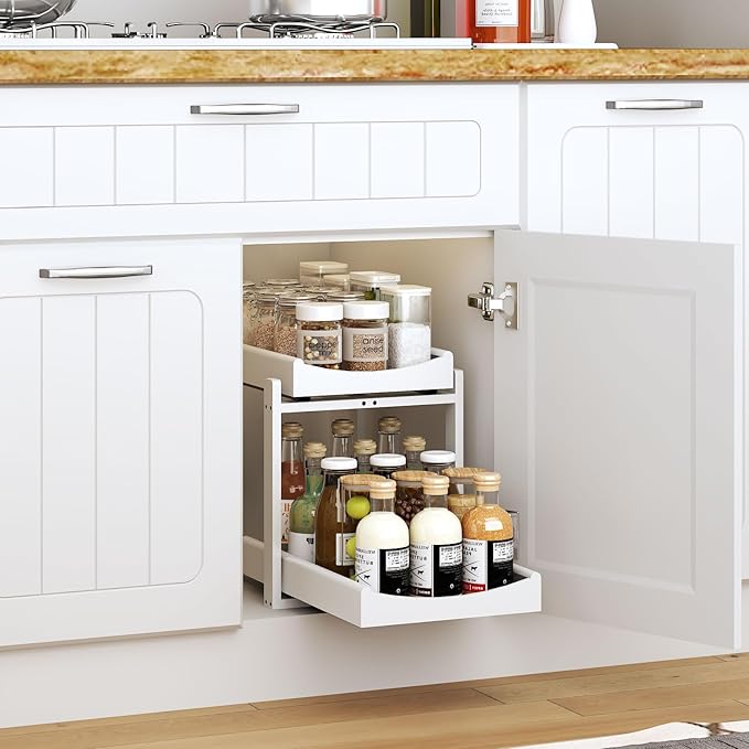 MHXW SXPN Bamboo Under Sink Organizer and Storage, Pull Out Cabinet Organization, 2 Tier Vertical Slide Out Undersink Storage Shelf, Organizer Shelves for Kitchen Bathroom Medicine (White, 2 Pack)