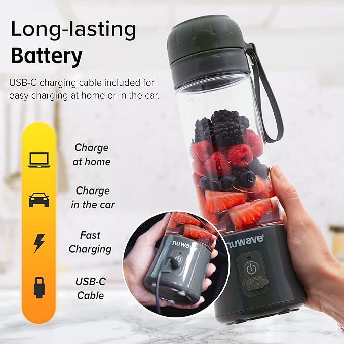 Nuwave Portable Blender with USB-C Rechargeable, 6-Blade for Crushing Ice, BPA Free 18 Oz Jar, Smoothies Blender for Travel, Office and Sports, Obsidian Gray