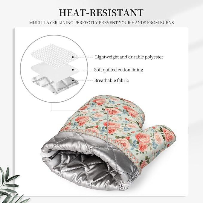 Oven Mitts and Pot Holders Rose Flower Vintage Botanical Silicone Kitchen Accessories Set of 4 Heat Resistant Long Gloves Potholder Non-Slip Grip for Chef Cooking Baking Grilling BBQ
