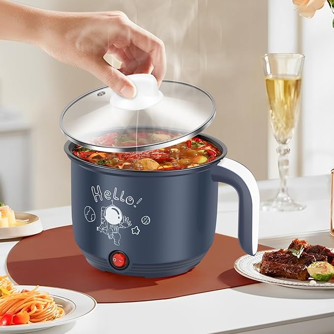 Hot Pot Electric with Steamer, Rapid Noodles Cooker, 55 Oz Stainless Steel Electric Pot for Cooking Dorm, Anti-Dry Burning, Non Stick Portable Electric Pot for Raman Soup Noodles Ect (Single Layer)