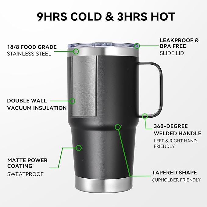 20 oz Stainless Steel Tumbler with Handle Bulk Metal Insulated Tumblers Travel Coffee Mug with Handle Double Wall Tumbler Cup with Lid and Straw, Black 12 Pack