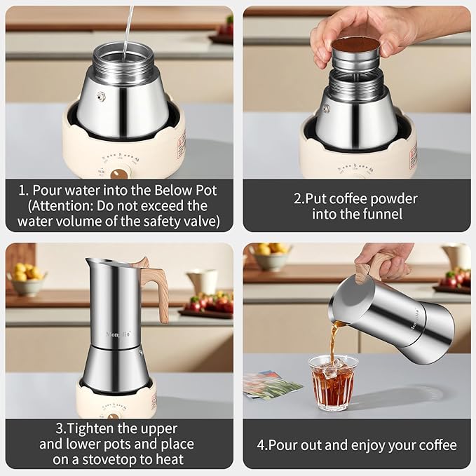 Mongdio Stainless Steel Moka Pot, Stovetop Espresso Coffee Maker, Percolator Coffee Pot, Italian Espresso Greca Coffee Maker for Camping Travel Home, 9 Espresso Cups, 15 oz