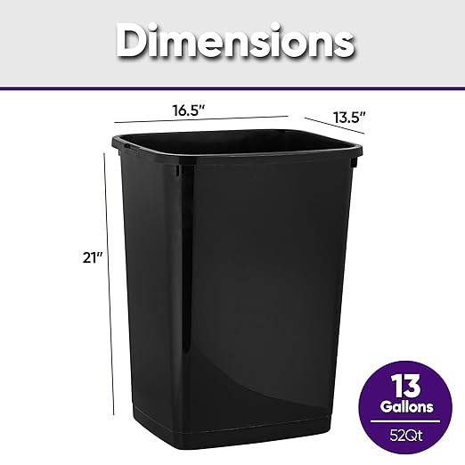 Superio Large Kitchen Trash Can 13 Gallon, 52 Qt Unlidded Waste Bin Only for Kitchen, Garage, Indoor and Outdoor Trash Can, Black