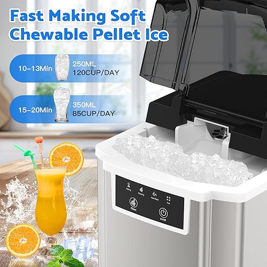 Countertop Ice Makers Machine with Basket and Scoop, 38Lbs/24h Soft Chewable Pellet Ice, One-Click Operation, Nugget Ice Maker for Home, Kitchen, Camping, RV, Office and Party,Sliver