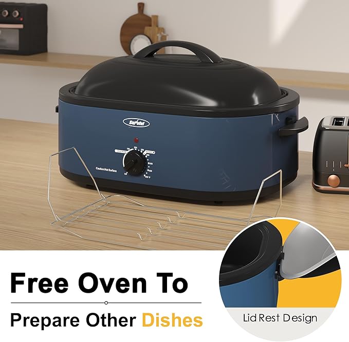 Sunvivi Roaster Oven, Electric Roaster Oven with Self-Basting Lid, 24lb 20-Quart Turkey Roasters with Unique Defrost/Warm Function, Large Roaster with Removable Pan & Rack, Stainless Steel, Blue