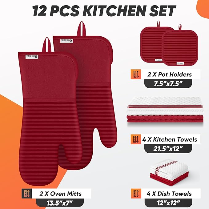 Oven Mitts Kitchen Towels and Dishcloths with Pot Holders Sets, Oven Gloves Hot Pads 500°F Heat Resistant with Silicone Grip, Include 2 Cooking Gloves/2 Potholders/4 Kitchen Towels/4 Dish Towels-Red
