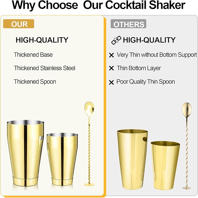 Mwellewm Cocktail Shaker Boston Shaker Set 15 Pcs Professional Bartender Kit Bar Shaker Stainless Steel Drink Shaker Bartending Beginner Martini Shaker Tin Mixed Alcohol Shaker Tool(Gold)