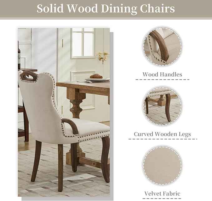 Beige Velvet Dining Chairs Set of 2，Modern Upholstered Dining Room Chairs with Tufted Back and Wood Handles, Curved Solid Wood Legs, Sillas de Comedor