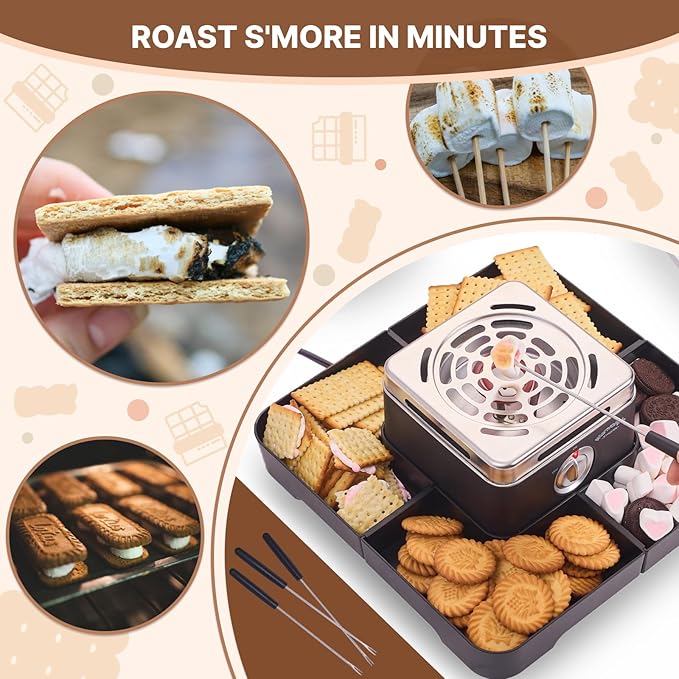 Electric Smores Maker - Indoor Smores Kit with 4 Detachable Trays, 4 Stainless Steel Forks - Flameless Smores Maker Tabletop Indoor Kit (Black)